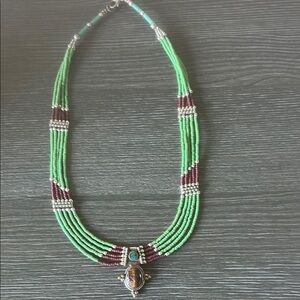 Vibrant Green and Red Multi-Strand Necklace with Crystal Pendant